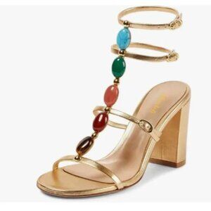 miss left Gold Gorgeous T-Strap Buckled Jewelled Gladiator Sandals Open Toe Shoe